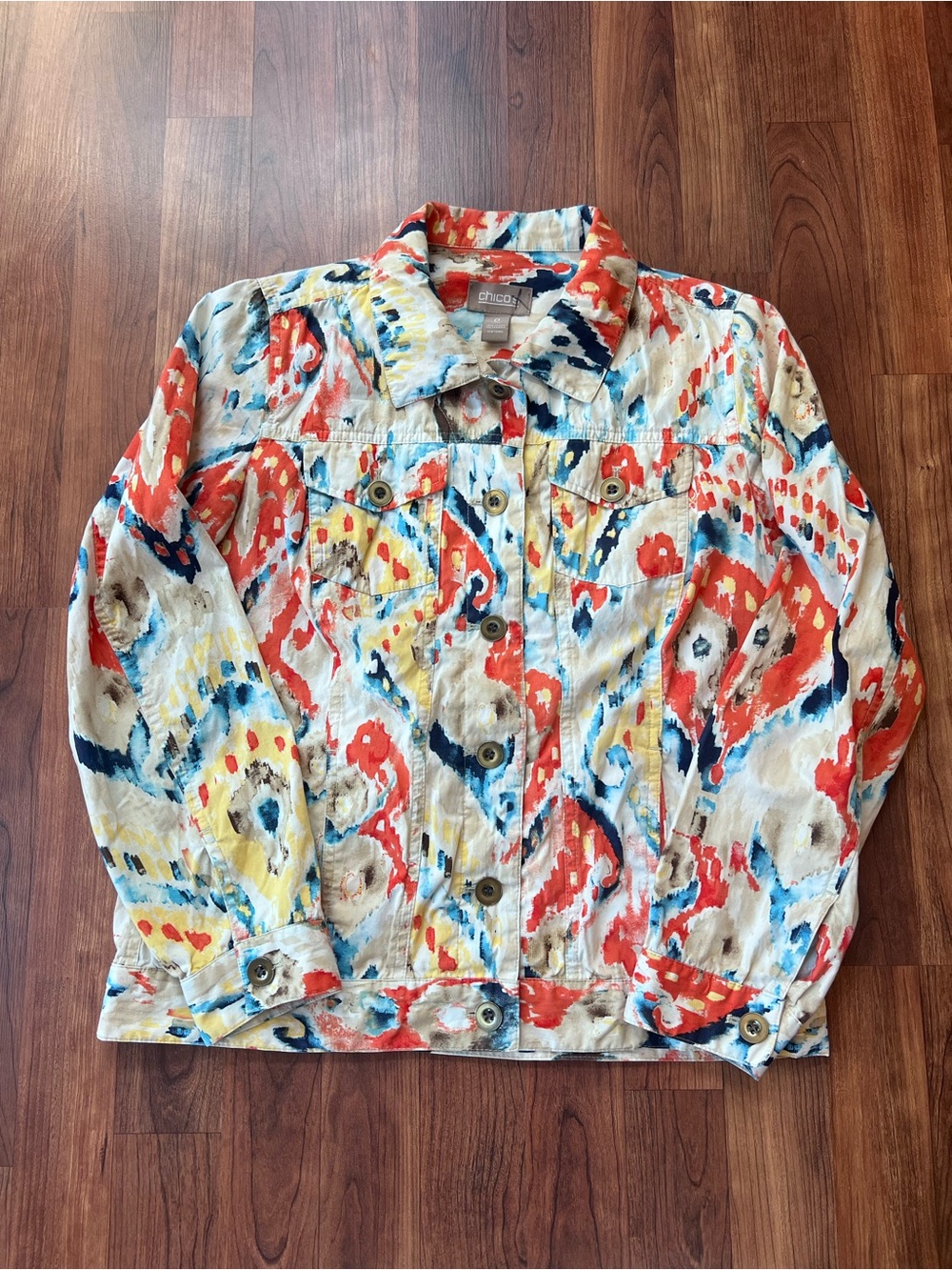 Chico's Multicolor Abstract Print Jean Jacket — Red, Blue & Yellow